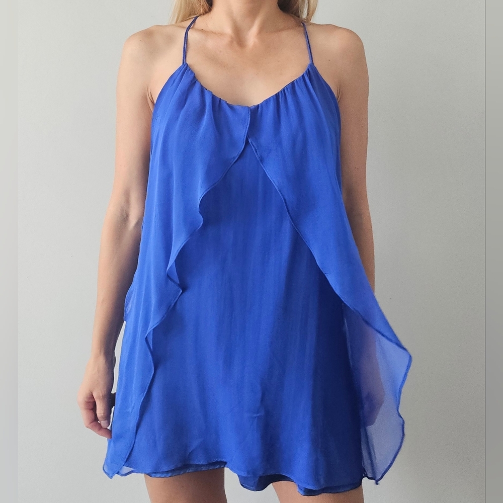 Olive Olivia Women's Sz L Blue Silk Petals Layered Sheath Dress Anthropologie